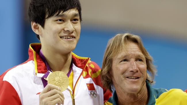 Sun Yang with coach Denis Cotterell at the London Olympics in 2012. Picture: AP