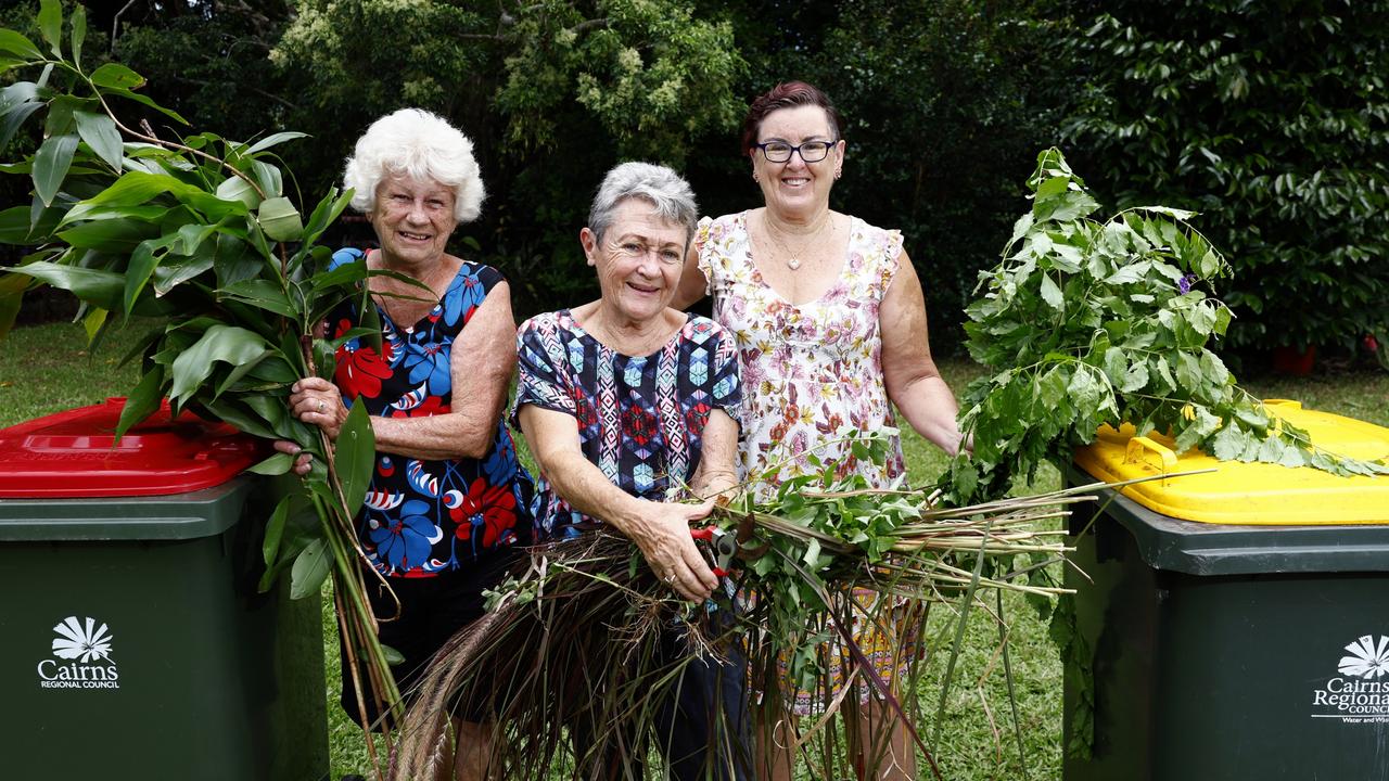 Cairns Garden Club members Liz Adams, Fran Lindsay and Carolyn Enslie all say that a third green wheelie bin dedicated to garden waste would be a great environmental initiative by council. Picture: Brendan Radke