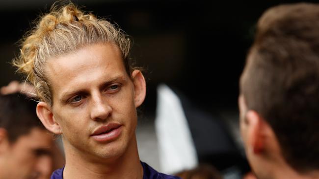 Nat Fyfe of the Dockers is interviewed during the AFL Captains Day.