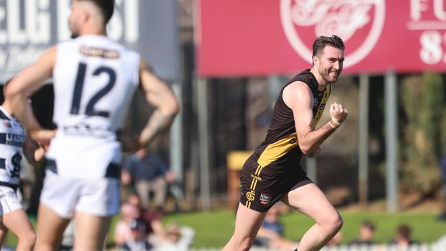 Glenelg star Liam McBean after kicking one of his four goals in the Tigers’ 10-goal win against South Adelaide at the Bay. Picture: Cory Sutton/SANFL