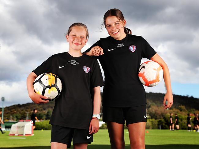 Clara McGrath 12 and Asha Nicol 13 from the South Hobart Soccer Club Youth Development Squad. Tasmania is seemingly moving forward with men's teams in national sporting comps - AFL, NBL, A-League soccer - but little talk is around getting women teams in the big leagues.  Picture: Nikki Davis-Jones