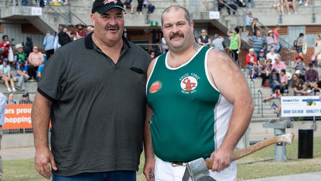 World champion woodchopper David Foster with son Stephen Foster in April this year. Picture: AAP / Monique Harmer