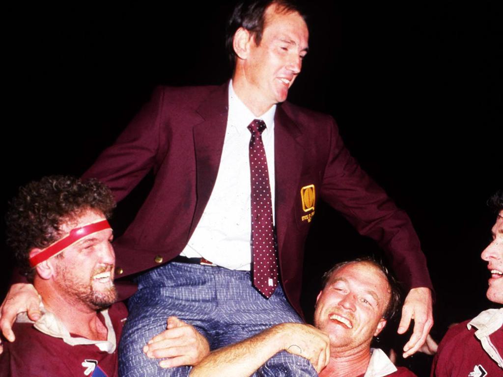 1987: Origin coach Wayne Bennett celebrating with players Greg Dowling and Wally Lewis.