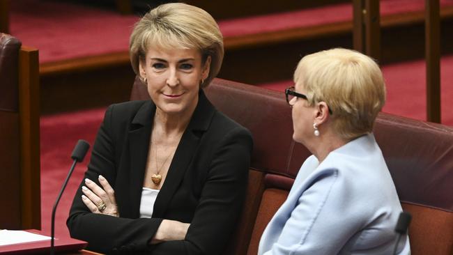 Senators Michaelia Cash and Linda Reynolds in the Senate at Parliament House. Picture: NCA NewsWire/Martin Ollman