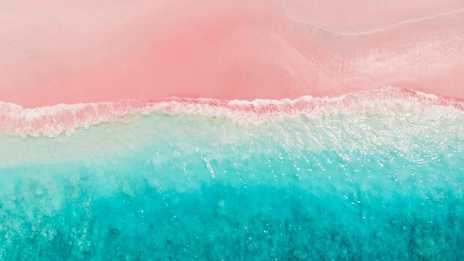 Tropical pink beach with blue sea, Komodo islands.