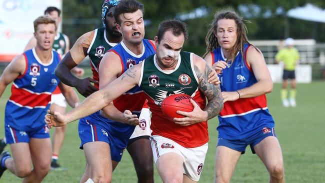 Cutters' Tully Allwood comes under the attention of Bulldog's Harrison Payne. Picture: Brendan Radke