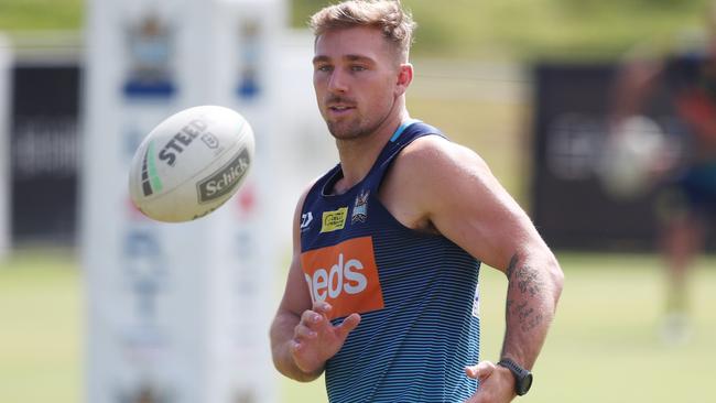 Bryce Cartwright passes during at Titans training session on the Gold Coast. Picture: Getty Images