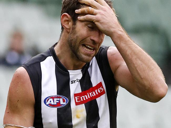 Collingwood v Port Adelaide at the MCG ,5th June, Melbourne Australia. Collingwood's Travis Cloke lets the mark slips through his hands. Picture : George Salpigtidis