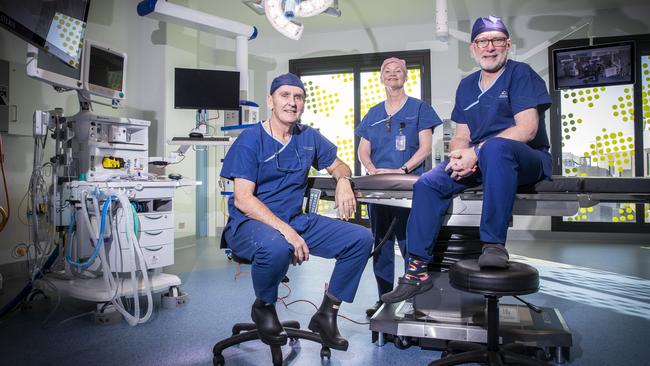 Clinical director of surgical and perioperative services Professor Marcus Skinner, director of nursing Mary Condon-Williams and nurse unit manager of the operating suite Paul Geeves in the new surgical ward of K-Block. Picture: LUKE BOWDEN