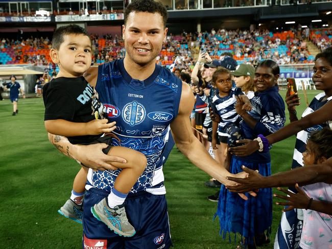 Brandan Parfitt greets Cats fans in Darwin. Picture: Michael Willson/AFL Photos via Getty Images