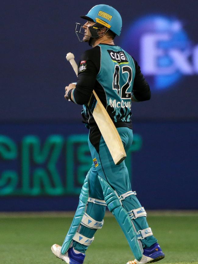 Brendon McCullum walks off after being caught by Dwayne Bravo of the Melbourne Stars. Picture: AAP Image/George Salpigtidis