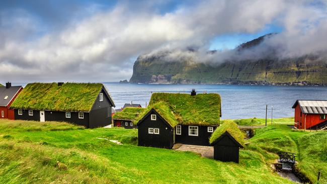 Turf-tpped village houses in the Faroe Islands.