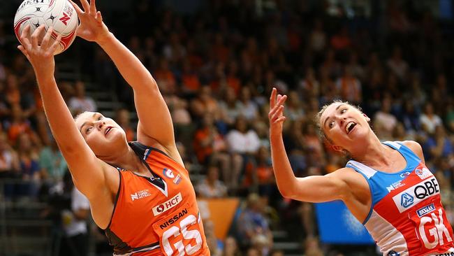 Kristina Brice of the Giants takes a pass during round one of Super Netball last season.