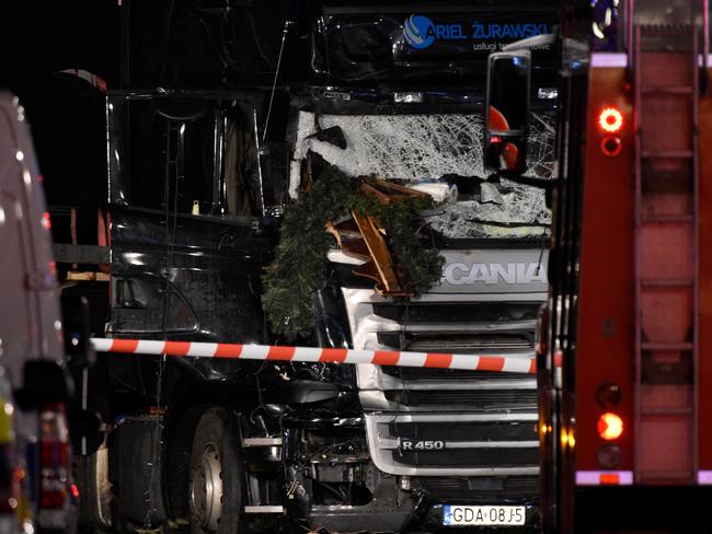 A truck which run into a crowded Christmas market. Picture: Rainer Jensen/dpa via AP