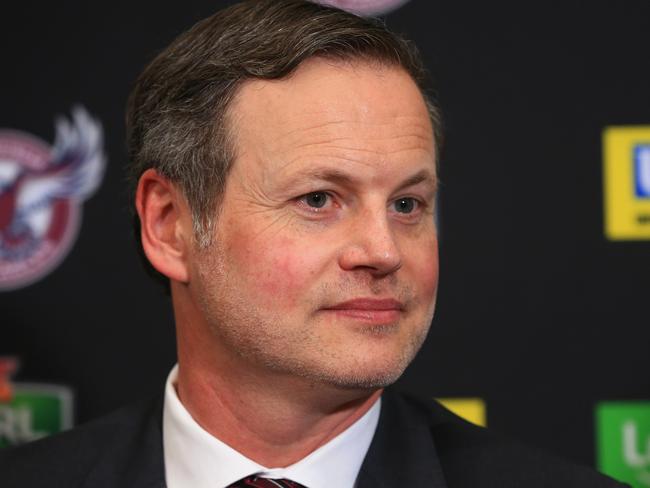 SYDNEY, AUSTRALIA - OCTOBER 22: Manly Chairman Scott Penn looks on as Des Hasler speaks to the media during a Manly Sea Eagles NRL press conference at the Sydney Academy of Sport, Narrabeen on October 22, 2018 in Sydney, Australia.  (Photo by Mark Evans/Getty Images)