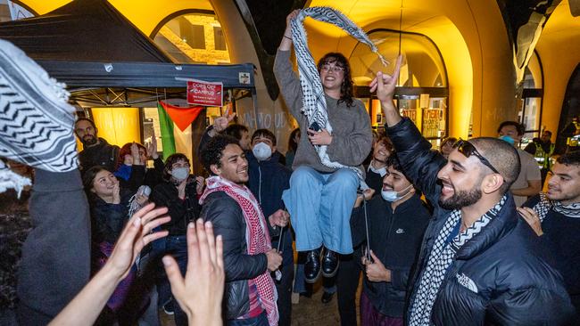 Pro-Palestine protesters at Melbourne University claim victory following a 10-day occupation of the Arts West building. Picture: Jake Nowakowski