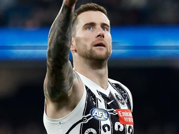 MELBOURNE, AUSTRALIA - JULY 05: Jeremy Howe of the Magpies celebrates a goal during the 2024 AFL Round 17 match between the Collingwood Magpies and the Essendon Bombers at Melbourne Cricket Ground on July 05, 2024 in Melbourne, Australia. (Photo by Michael Willson/AFL Photos via Getty Images)