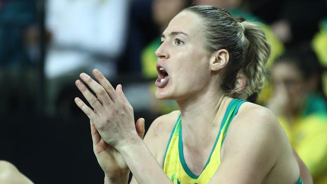 AUCKLAND, NEW ZEALAND - OCTOBER 16: Caitlin Bassett of Australia reacts from the bench during the 2019 Constellation Cup match between the New Zealand Silver Ferns and the Australia Diamonds at Spark Arena on October 16, 2019 in Auckland, New Zealand. (Photo by Phil Walter/Getty Images)