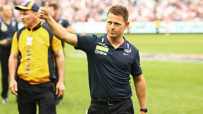 Brendon Bolton thanks the fans after Carlton beat Geelong.