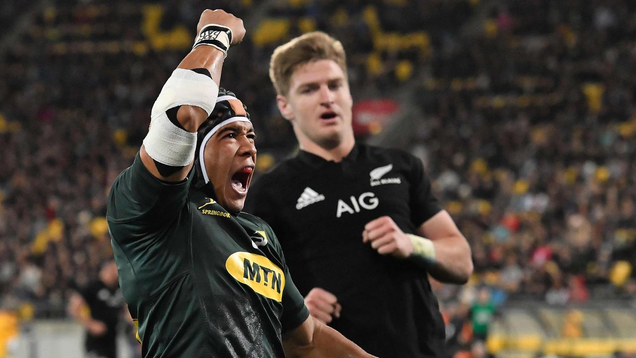 South Africa’s Cheslin Kolbe celebrates a try during the Rugby Championship.