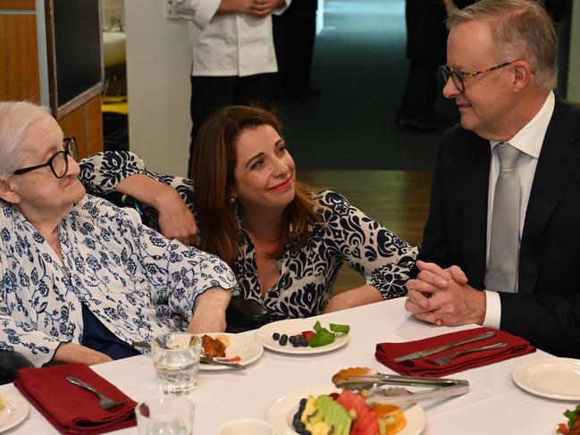 ADELAIDE, AUSTRALIA - NewsWire Photos August 29, 2023: The Prime Minister, Anthony Albanese speaking to a resident at Eldercare Seaford with the Minister for Aged Care, Anika Wells to promote the Maggie Beer Foundation Aged Care Cook and Chef Support Program. Picture: NCA NewsWire