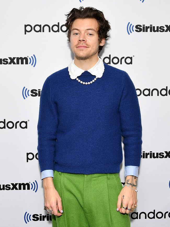 Harry Styles sports a pearl necklace. Picture: Getty Images