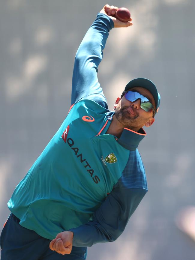 Nathan Lyon bowls during a nets session at Edgbaston. Picture: Ryan Pierse/Getty Images