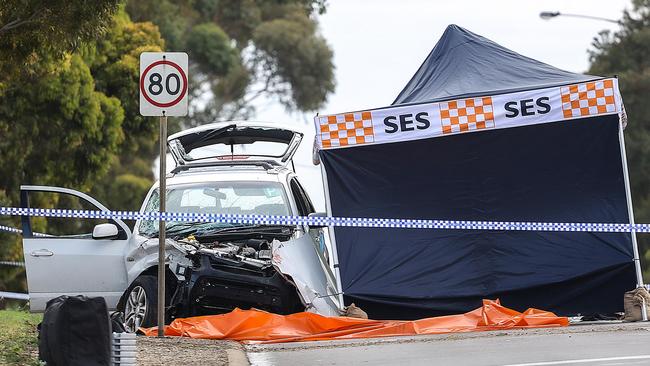 Police investigate shooting fatality on the Princes Highway in Corio. Picture : Ian Currie