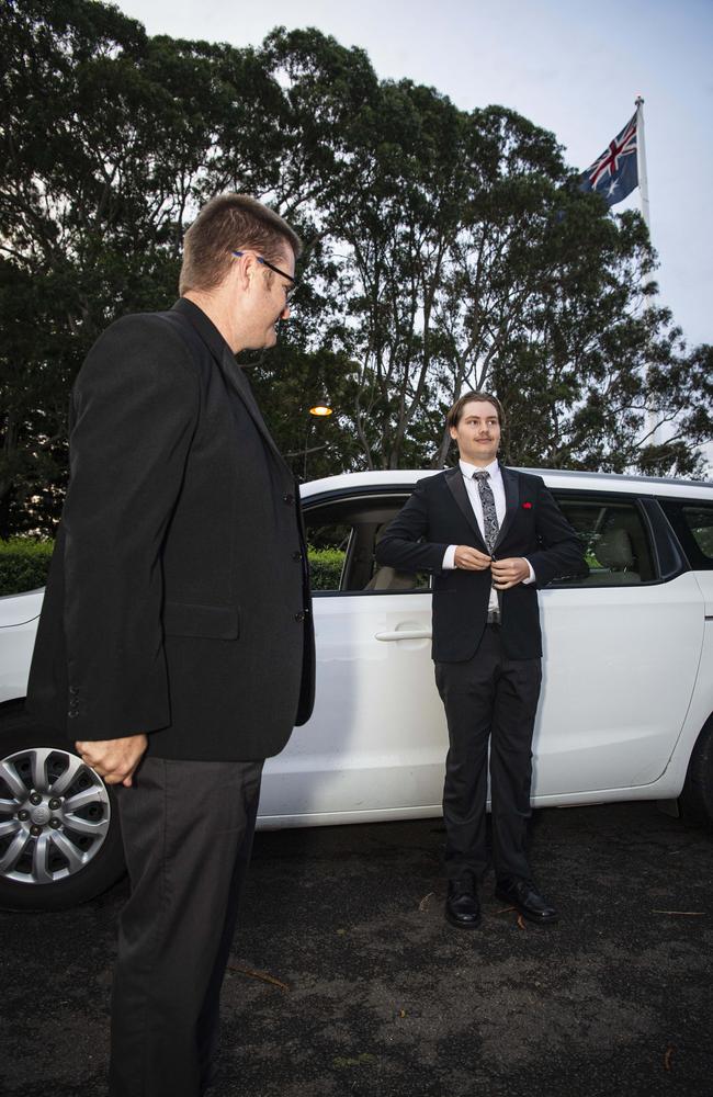 Graduate Alexander Butler with dad Sam Butler at Toowoomba Christian College formal at Picnic Point, Friday, November 29, 2024. Picture: Kevin Farmer