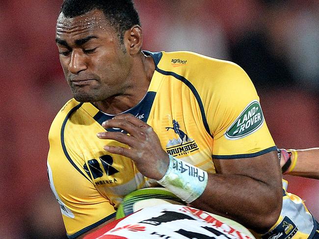 JOHANNESBURG, SOUTH AFRICA - MAY 16: Tevita Kuridrani of the Brumbies is tackled during the Super Rugby match between Emirates Lions and Brumbies at Emirates Airline Park on May 16, 2015 in Johannesburg, South Africa. (Photo by Duif du Toit/Gallo Images/Getty Images)