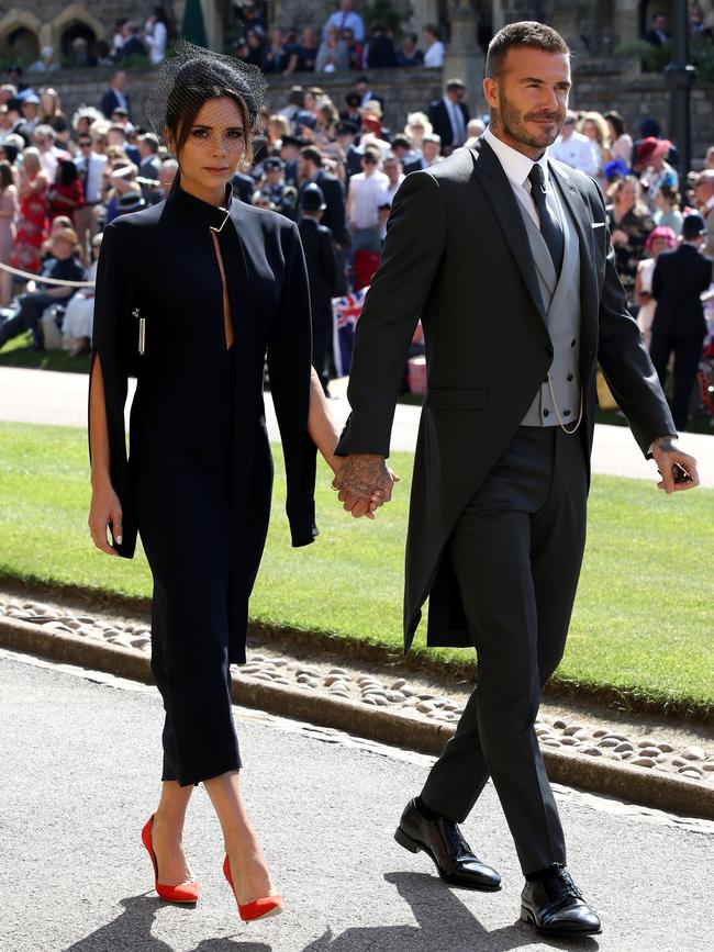 Victoria Beckham and David Beckham arrive for the wedding of Prince Harry and Meghan Markle on May 19, 2018. Picture: Chris Radburn/WPA Pool/Getty Images.