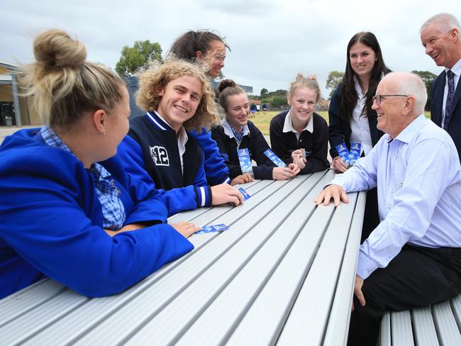 Road safety advacate John Maher returned to Lara Secondary School to talk on road safety. John has reguarly visited year 11 and 12 students and teachers say the impact is remarkable. Picture: Alan Barber