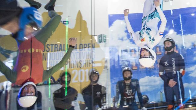 Amy Watson, 14, competing in the AA Formation Skydiving 4-Way event at iFLY Indoor Skydiving during the Australian Open Indoor Skydiving Championships at Penrith.