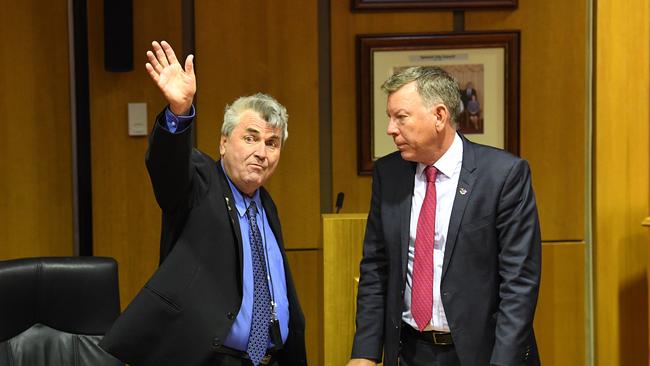 Cr David Pahlke, with acting Mayor Wayne Wendt, took aim at Local Government Minister Stirling Hinchliffe during his final speech. Picture: Dave Hunt/AAP