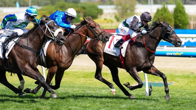 Mr Brightside holds off the fast finishing Tom Kitten (white cap) to win the Futurity Stakes at Caulfield on Saturday. Photo: Scott Barbour/Getty Images.