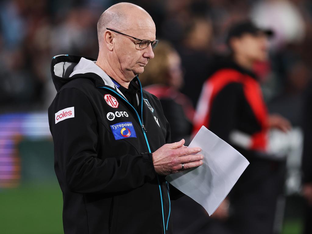 ADELAIDE, AUSTRALIA - APRIL 05: Ken Hinkley, Senior Coach of the Power during the 2024 AFL Round 04 match between the Port Adelaide Power and the Essendon Bombers at Adelaide Oval on April 05, 2024 in Adelaide, Australia. (Photo by James Elsby/AFL Photos via Getty Images)