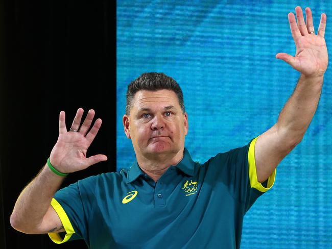 BRISBANE, AUSTRALIA - JUNE 15: Swimming Australia Head Coach Rohan Taylor waves to the crowd during the Australian 2024 Paris Olympic Games Swimming Squad Announcement at Brisbane Aquatic Centre on June 15, 2024 in Brisbane, Australia. (Photo by Quinn Rooney/Getty Images)