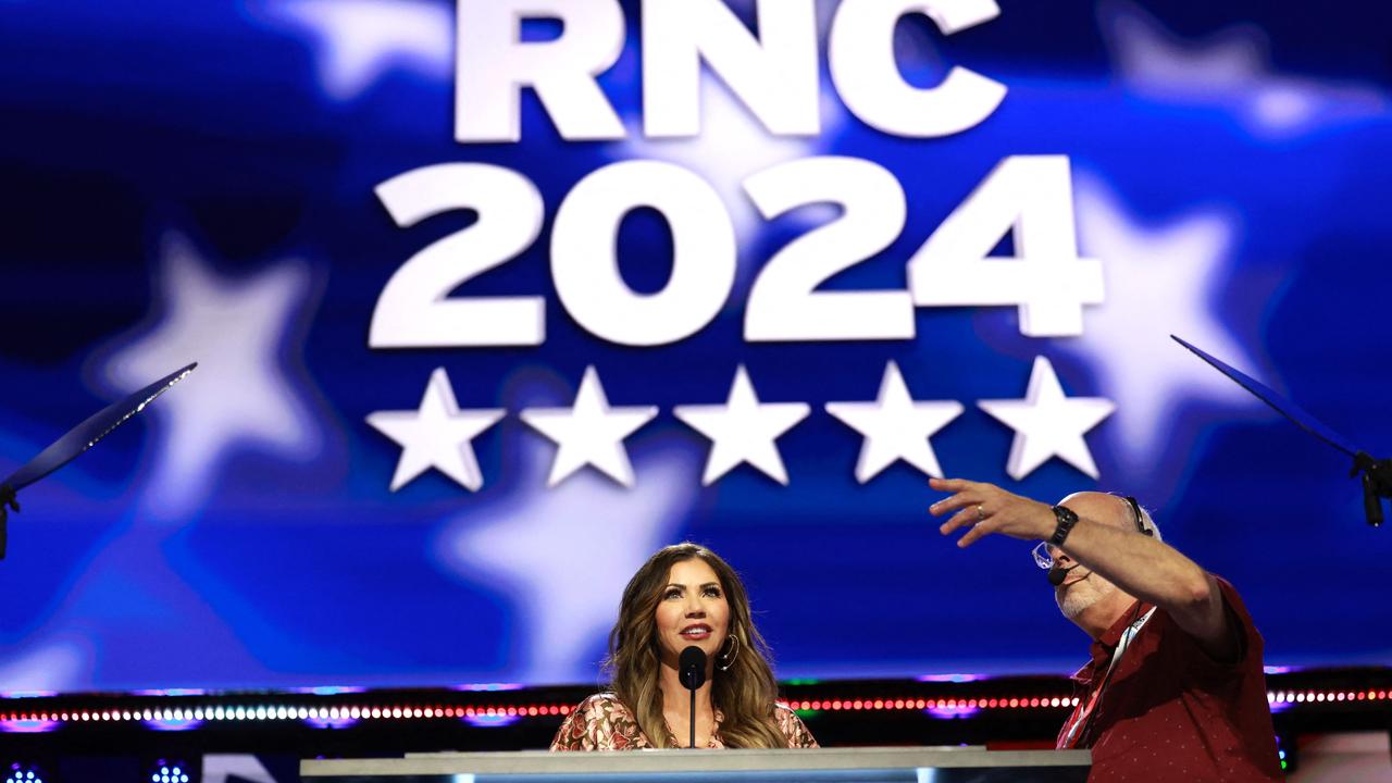 Governor of South Dakota Kristi Noem is seen onstage at the Fiserv Forum during preparations for the Republican National Convention. Picture: Joe Raedle/Getty Images via AFP