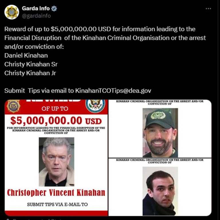 Irish and US officials have offered rewards for arrests in the Kinahan family. Picture: X