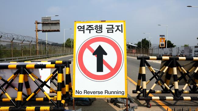 Barricades are placed near the Unification Bridge, which leads to the Panmunjom in the Demilitarised Zone in Paju, South Korea. Picture: Chung Sung-Jun/Getty Images