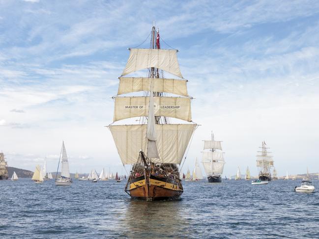 Windeward Bound, during the Parade of Sail, at the Australian Wooden Boat Festival in 2017. Picture: Galina Romalis/AWBF