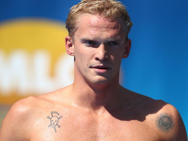 GOLD COAST, AUSTRALIA - APRIL 18: Cody Simpson leaves the pool after racing in the Mens 50m Butterfly final during the 2021 Australian Swimming Championships at the Gold Coast Aquatic Centre on April 18, 2021 in Gold Coast, Australia. (Photo by Chris Hyde/Getty Images)