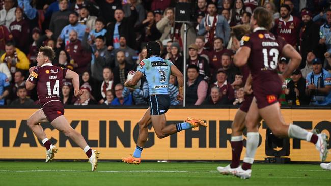 Stephen Crichton chased down by the Maroons. Picture: NRL Photos