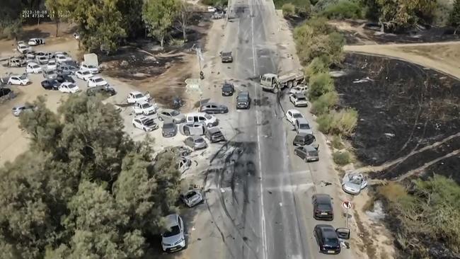 The aftermath of an attack on the Supernova music festival by Palestinian militants, near Kibbutz Reim in the Negev desert in southern Israel. Picture: AFP