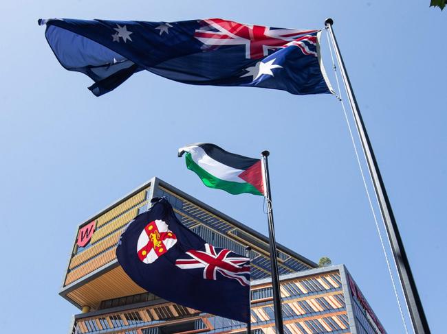 25/10/23. The Daily Telegraph, News.Bankstown, Sydney, NSW, Australia.Labor Councillor Karl Saleh and a security guard raise The Palestinian flag at Paul Keating Park in Bankstown.Picture: Julian Andrews