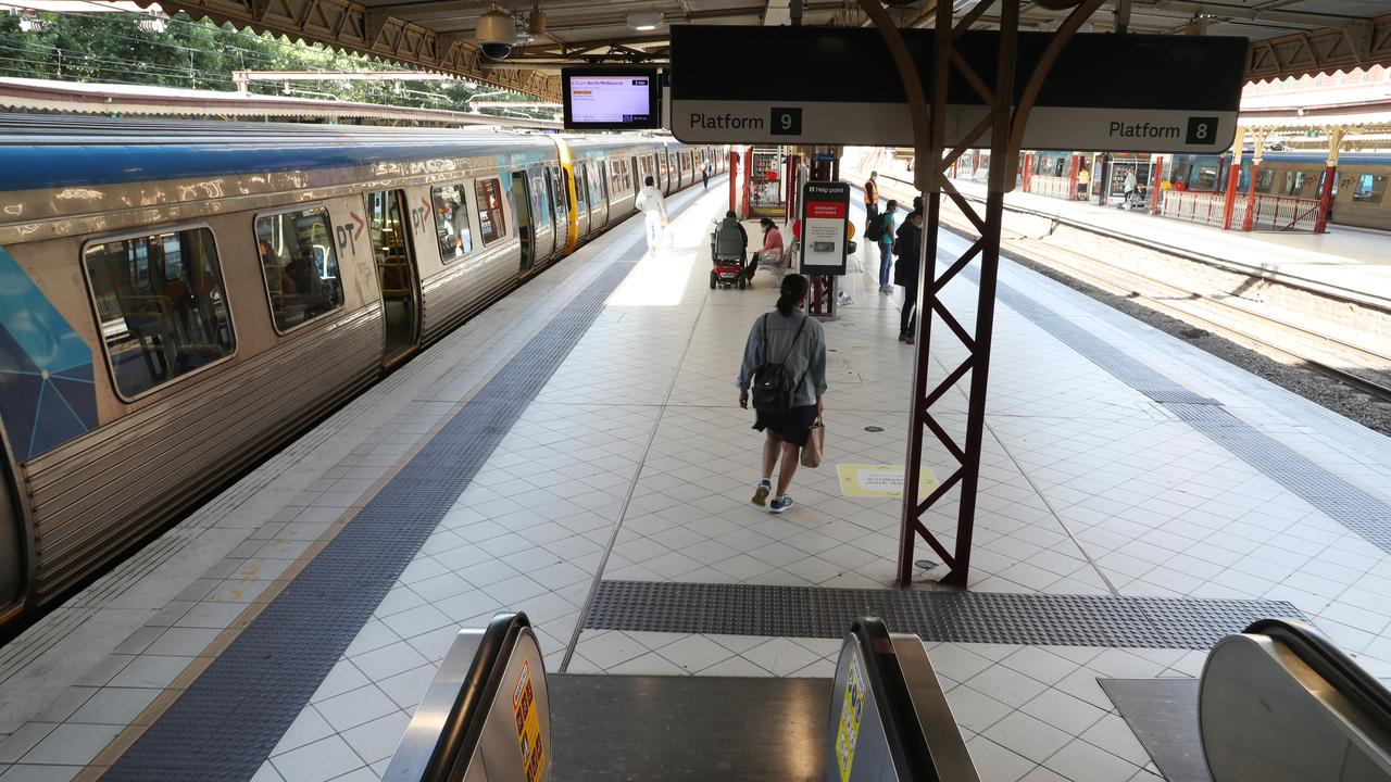 Flinders street station in Melbourne remains quiet with public transport trips still down. Picture: David Crosling