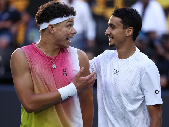 Ben Shelton shares words with Lorenzo Sonego after their quarter final. Picture: Getty Images