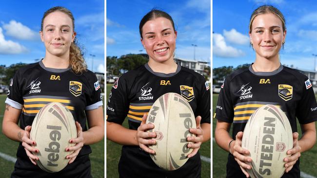 Sunshine Coast Falcons under-19s female players Lila Parr, Sarah McGuire and Macie Bullman. Pictures: Patrick Woods.