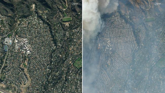 Satellite images released by Planet Labs PBC shows an overview Pacific Palisades, a neighbourhood of Los Angeles, California prior to the Palisades fire (L) on January 24, 2022 and during the fire on January 8, 2025. Picture: Planet Labs PBC / AFP