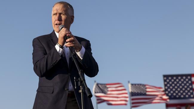 Republican US Senate candidate Senator Thom Tillis (R-NC) speaks to the crowd before President Donald Trump’s campaign rally at the Hickory Regional Airport in North Carolina. Picture: Getty Images